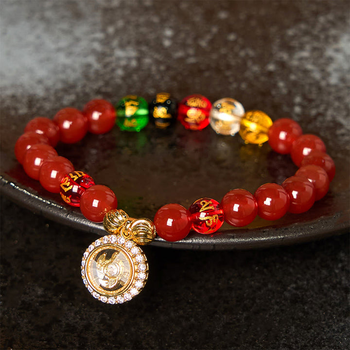 Buddha Stones Agata rossa Om Mani Padme Hum Cinque direzioni Dei della ricchezza Zircone Ciclone Charm Braccialetto di accettazione di sé