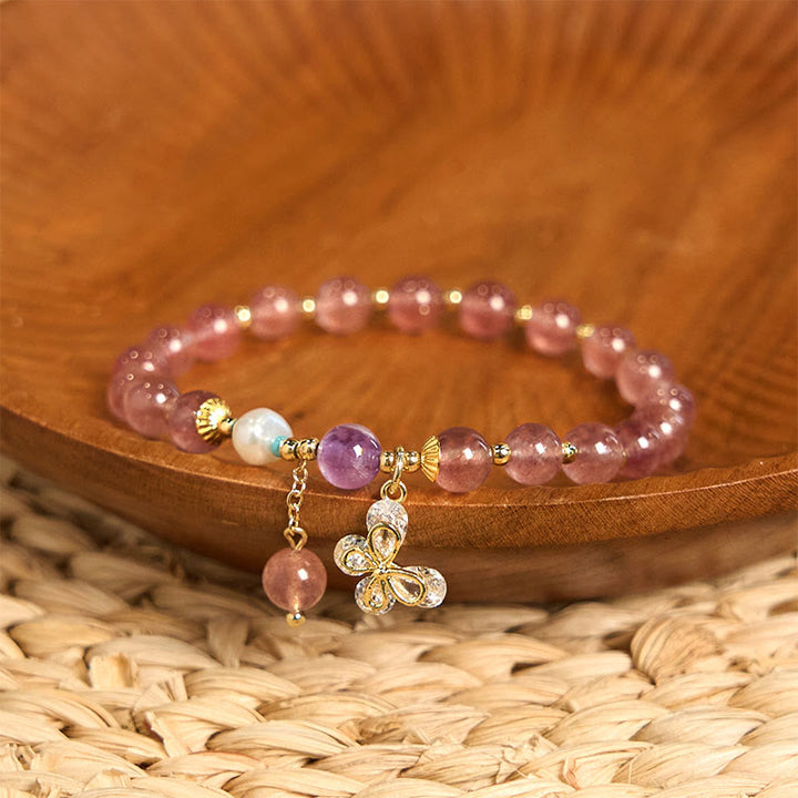Braccialetto con ciondolo a farfalla in quarzo fragola verde con Buddha Stones e quarzo fragola naturale