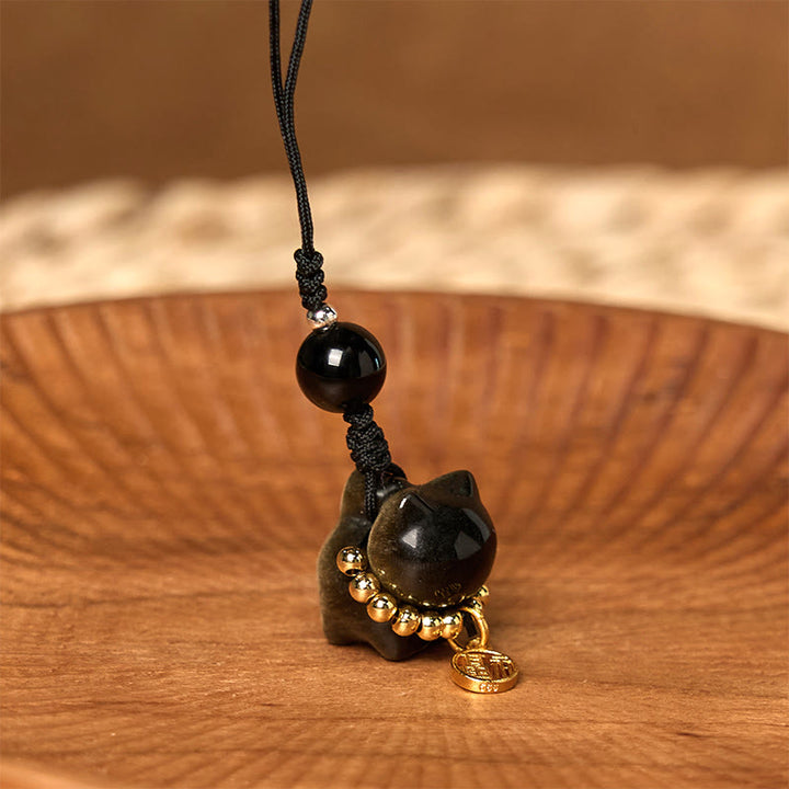 Buddha Stones Argento Ossidiana Lucente Ossidiana Nera Oro Ossidiana Lucente Carino Gatto Fu Personaggio Protezione Portachiavi Telefono Appeso Decorazione - image 14
