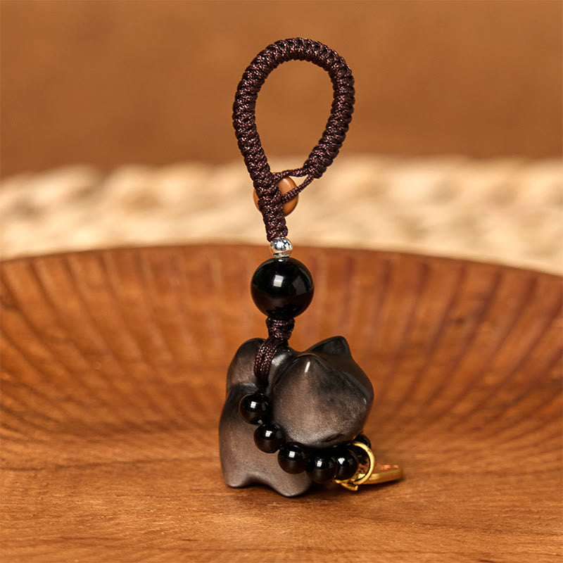 Buddha Stones Argento Ossidiana Lucente Ossidiana Nera Oro Ossidiana Lucente Carino Gatto Fu Personaggio Protezione Portachiavi Telefono Appeso Decorazione - image 3