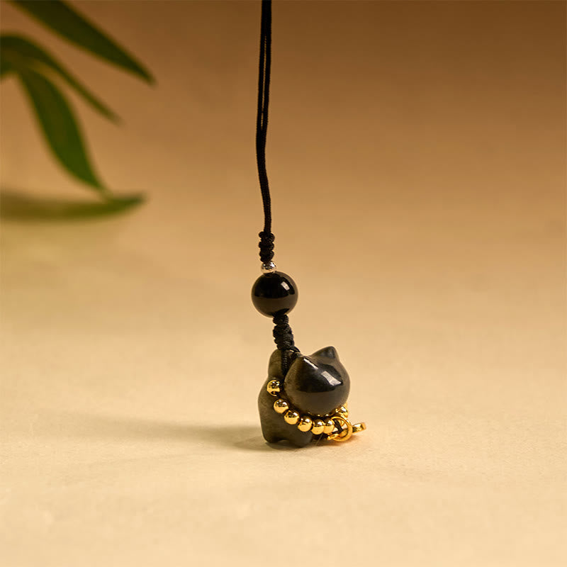 Buddha Stones Argento Ossidiana Lucente Ossidiana Nera Oro Ossidiana Lucente Carino Gatto Fu Personaggio Protezione Portachiavi Telefono Appeso Decorazione - image 19
