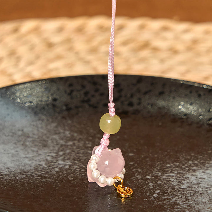 Buddha Stones Cristallo rosa Ametista Citrino Perla Fu Carattere Gattino fortunato Calore Telefono Decorazione appesa