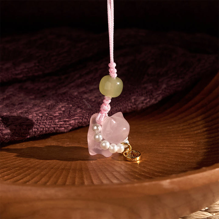 Buddha Stones Cristallo rosa Ametista Citrino Perla Fu Carattere Gattino fortunato Calore Telefono Decorazione appesa
