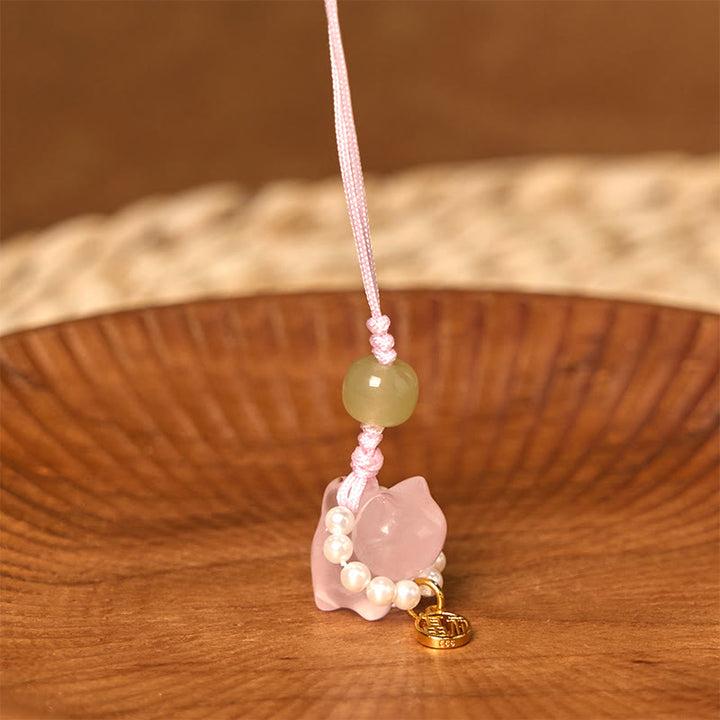 Buddha Stones Cristallo rosa Ametista Citrino Perla Fu Carattere Gattino fortunato Calore Telefono Decorazione appesa