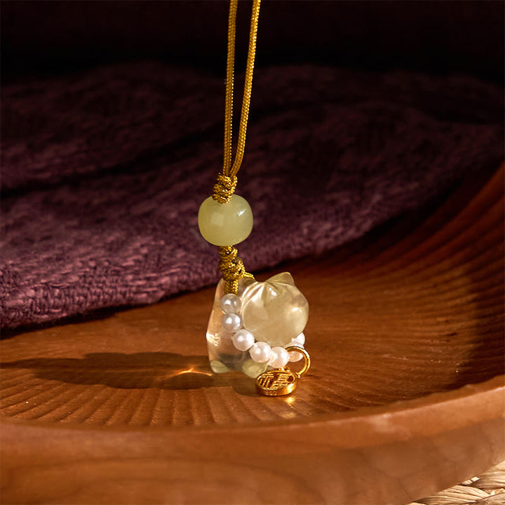 Buddha Stones Cristallo rosa Ametista Citrino Perla Fu Carattere Gattino fortunato Calore Telefono Decorazione appesa