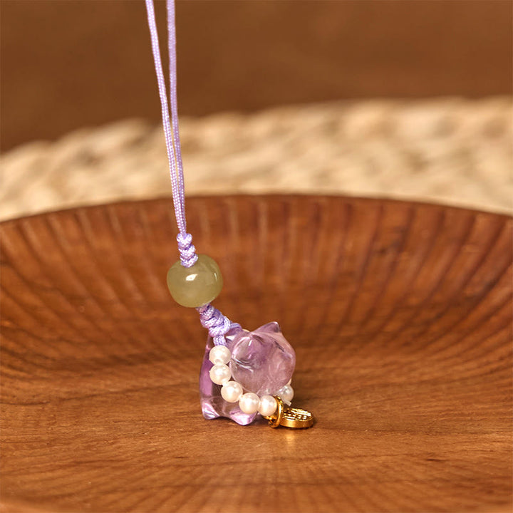 Buddha Stones Cristallo rosa Ametista Citrino Perla Fu Carattere Gattino fortunato Calore Telefono Decorazione appesa
