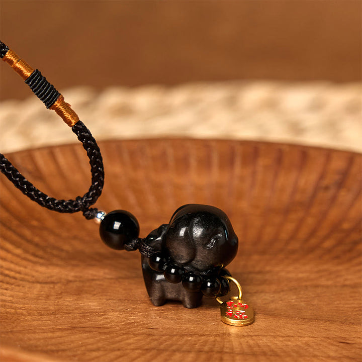 Collana con ciondolo a forma di cucciolo di cane Fu in pietra di Buddha, ossidiana, argento, protezione per telefono, decorazione da appendere