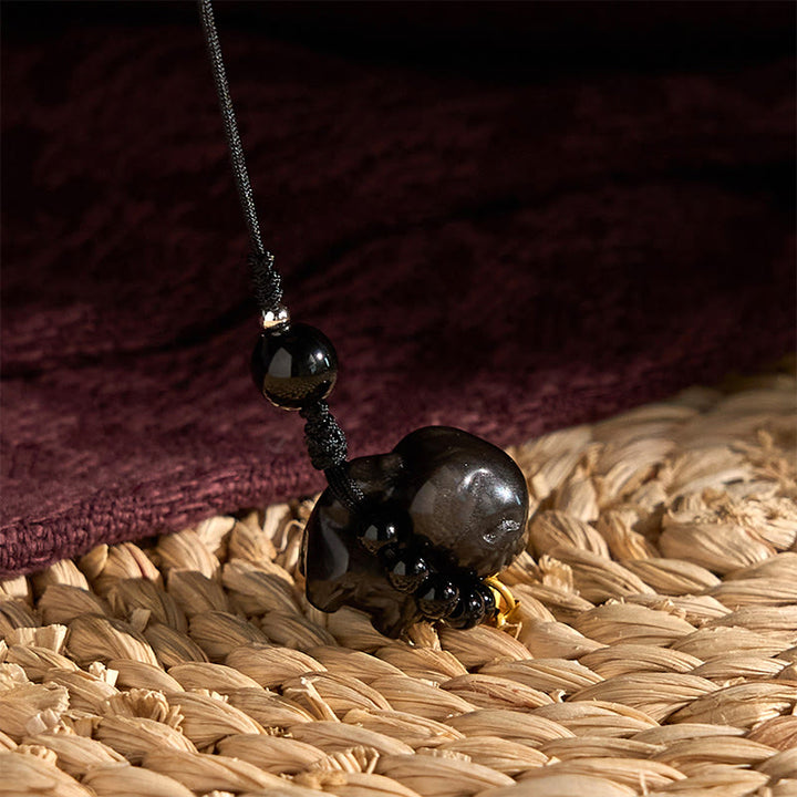 Collana con ciondolo a forma di cucciolo di cane Fu in pietra di Buddha, ossidiana, argento, protezione per telefono, decorazione da appendere
