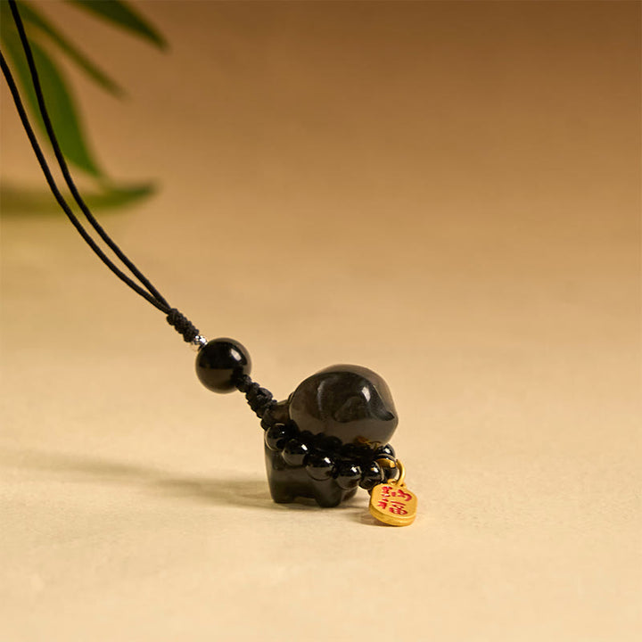 Collana con ciondolo a forma di cucciolo di cane Fu in pietra di Buddha, ossidiana, argento, protezione per telefono, decorazione da appendere