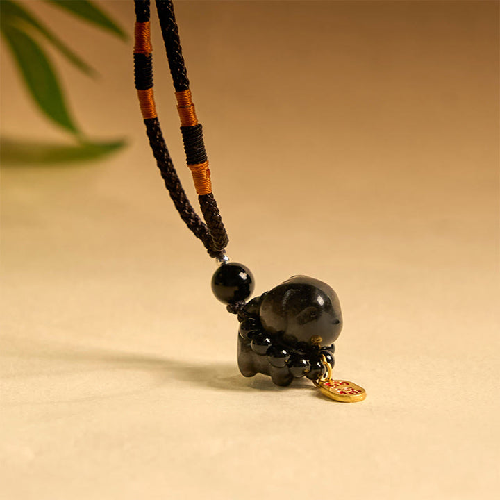 Collana con ciondolo a forma di cucciolo di cane Fu in pietra di Buddha, ossidiana, argento, protezione per telefono, decorazione da appendere