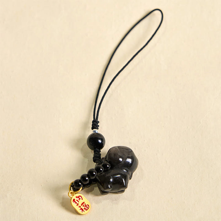 Collana con ciondolo a forma di cucciolo di cane Fu in pietra di Buddha, ossidiana, argento, protezione per telefono, decorazione da appendere