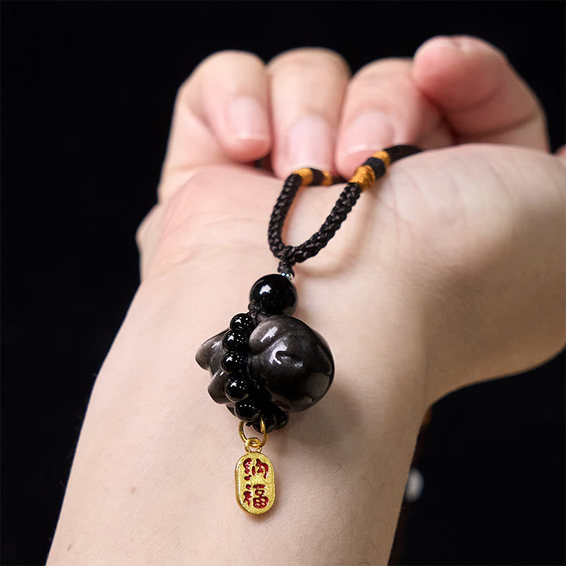 Collana con ciondolo a forma di cucciolo di cane Fu in pietra di Buddha, ossidiana, argento, protezione per telefono, decorazione da appendere