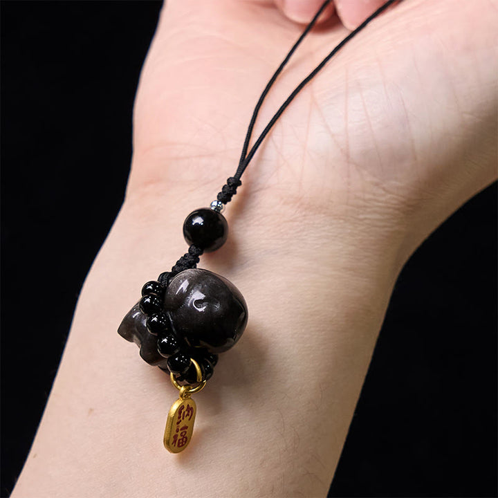 Collana con ciondolo a forma di cucciolo di cane Fu in pietra di Buddha, ossidiana, argento, protezione per telefono, decorazione da appendere