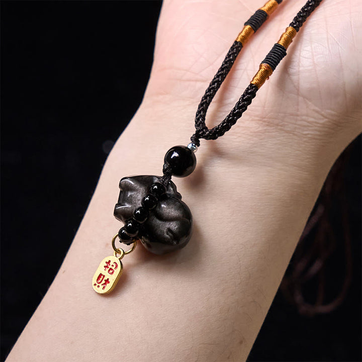 Collana con ciondolo a forma di cucciolo di cane Fu in pietra di Buddha, ossidiana, argento, protezione per telefono, decorazione da appendere