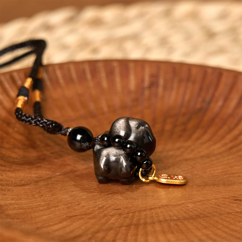 Collana con ciondolo a forma di cucciolo di cane Fu in pietra di Buddha, ossidiana, argento, protezione per telefono, decorazione da appendere