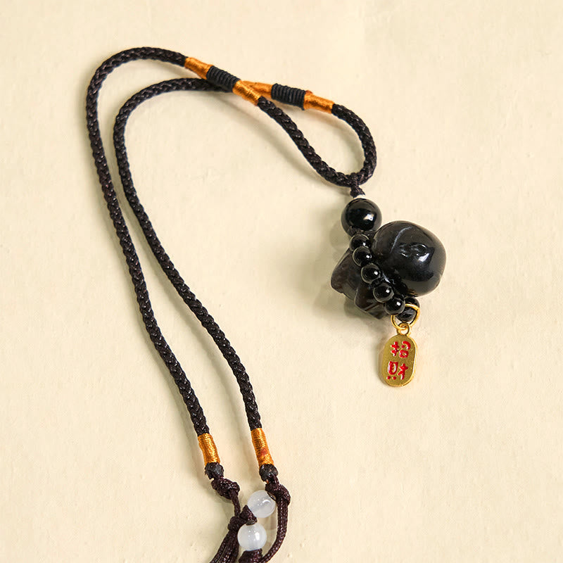 Collana con ciondolo a forma di cucciolo di cane Fu in pietra di Buddha, ossidiana, argento, protezione per telefono, decorazione da appendere