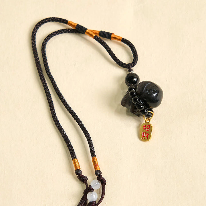 Collana con ciondolo a forma di cucciolo di cane Fu in pietra di Buddha, ossidiana, argento, protezione per telefono, decorazione da appendere
