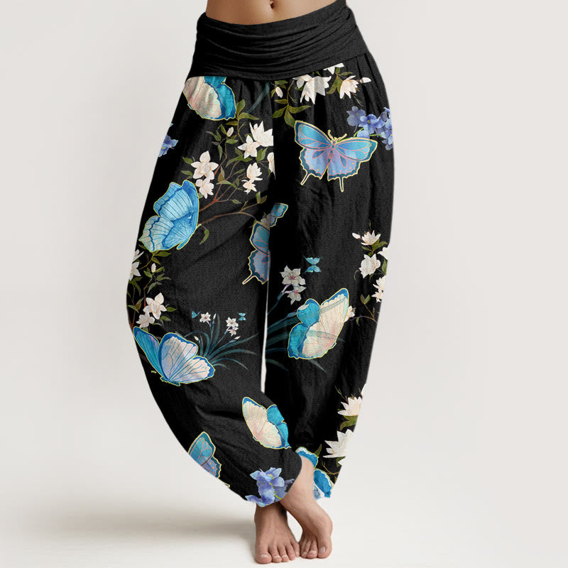 Pantaloni harem da donna con elastico in vita, modello casual con farfalle e fiori, motivo Buddha Stones - Nero - US22, UK/AU26, EU54 (6XL) - image 1