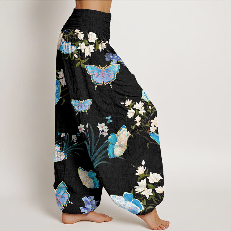 Pantaloni harem da donna con elastico in vita, modello casual con farfalle e fiori, motivo Buddha Stones - image 2