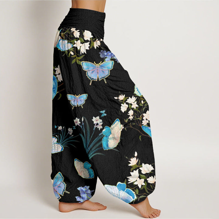 Pantaloni harem da donna con elastico in vita, modello casual con farfalle e fiori, motivo Buddha Stones - image 2