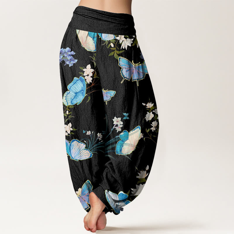 Pantaloni harem da donna con elastico in vita, modello casual con farfalle e fiori, motivo Buddha Stones - image 3