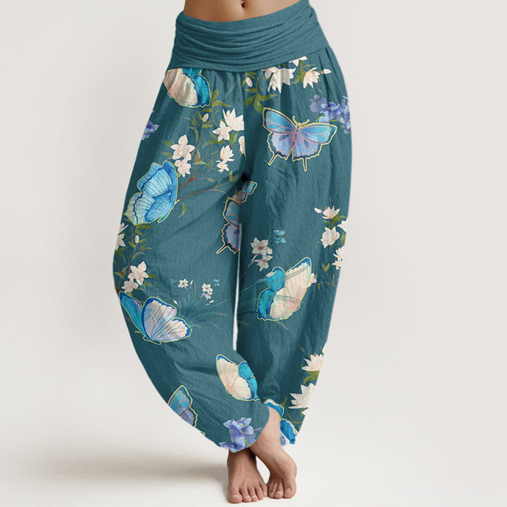 Pantaloni harem da donna con elastico in vita, modello casual con farfalle e fiori, motivo Buddha Stones - Ciano scuro - US22, UK/AU26, EU54 (6XL) - image 5