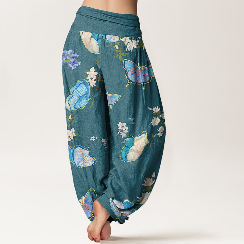 Pantaloni harem da donna con elastico in vita, modello casual con farfalle e fiori, motivo Buddha Stones - image 7