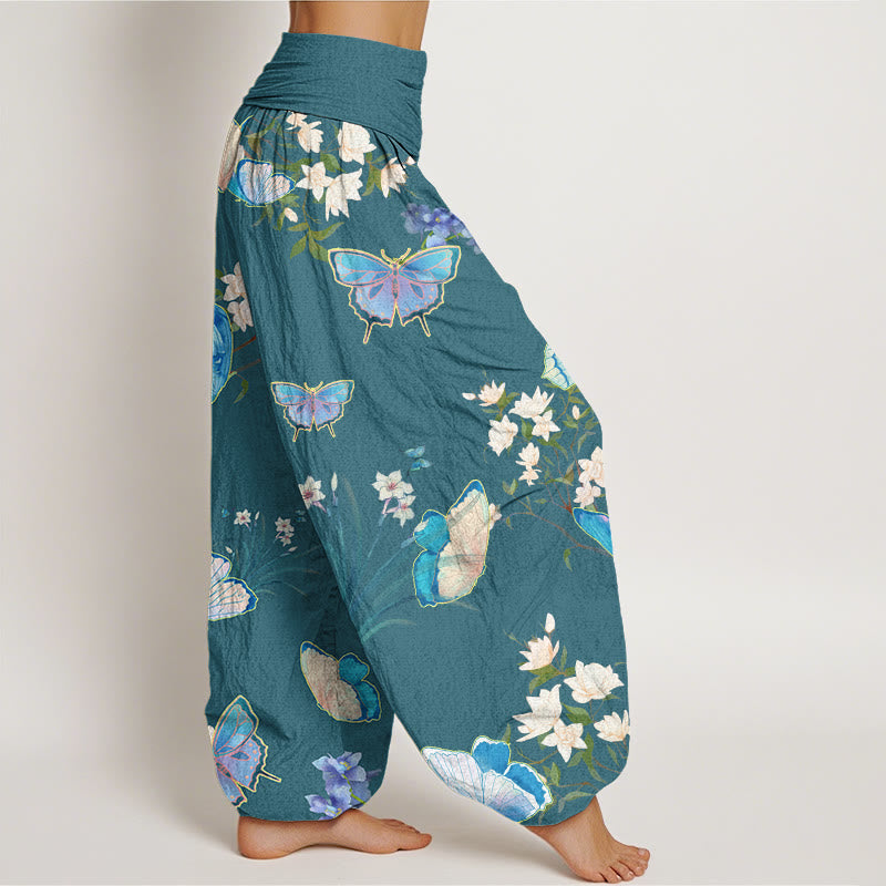 Pantaloni harem da donna con elastico in vita, modello casual con farfalle e fiori, motivo Buddha Stones - image 6