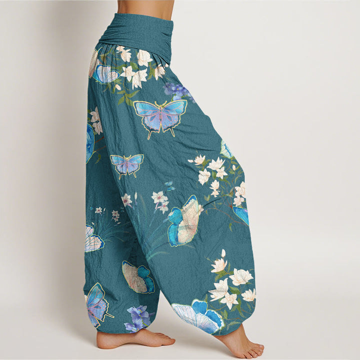 Pantaloni harem da donna con elastico in vita, modello casual con farfalle e fiori, motivo Buddha Stones - image 6