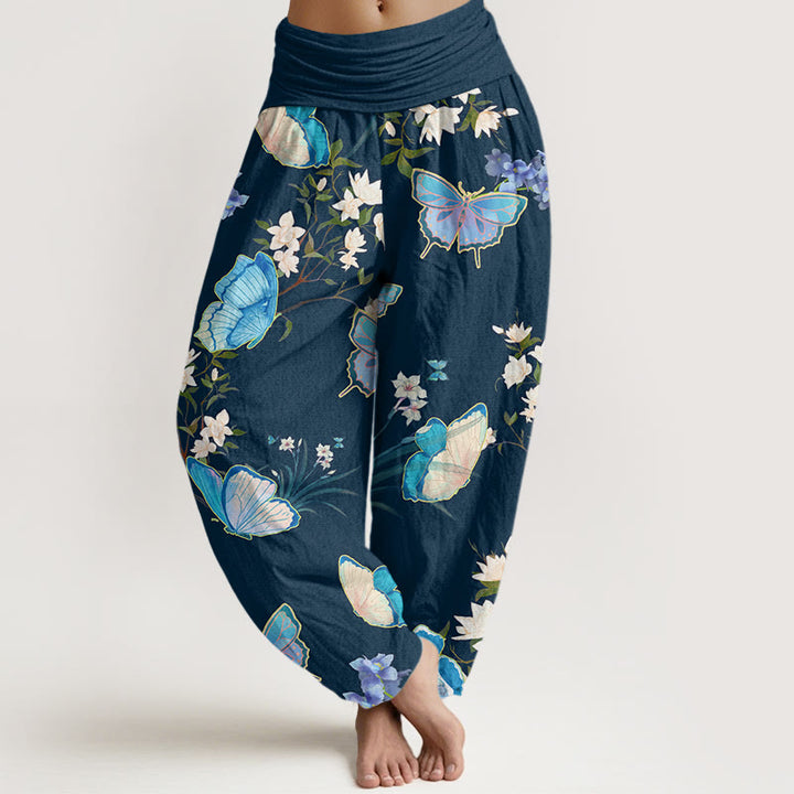 Pantaloni harem da donna con elastico in vita, modello casual con farfalle e fiori, motivo Buddha Stones - Blu notte - US22, UK/AU26, EU54 (6XL) - image 8
