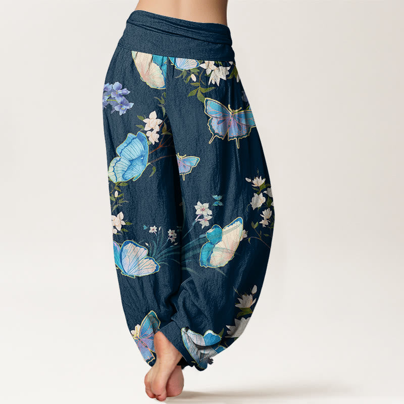 Pantaloni harem da donna con elastico in vita, modello casual con farfalle e fiori, motivo Buddha Stones - image 10