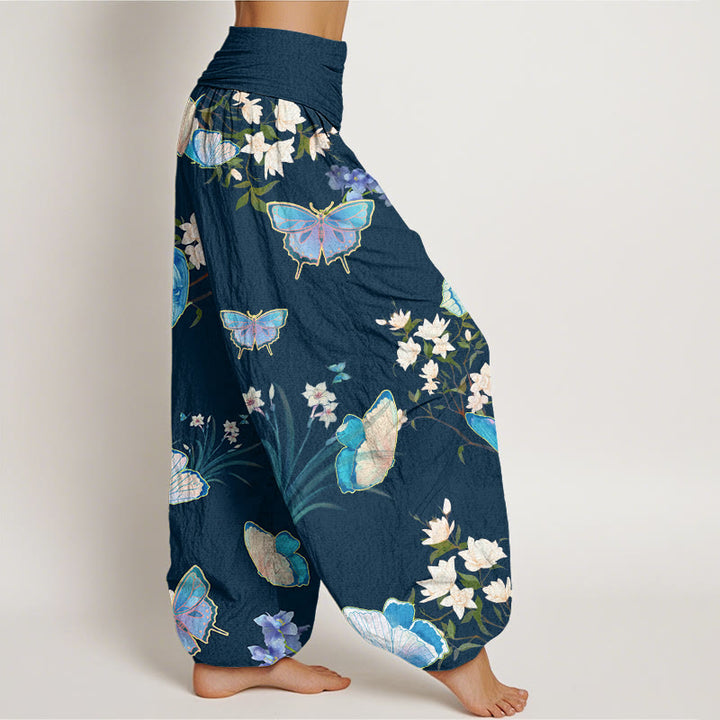 Pantaloni harem da donna con elastico in vita, modello casual con farfalle e fiori, motivo Buddha Stones - image 9