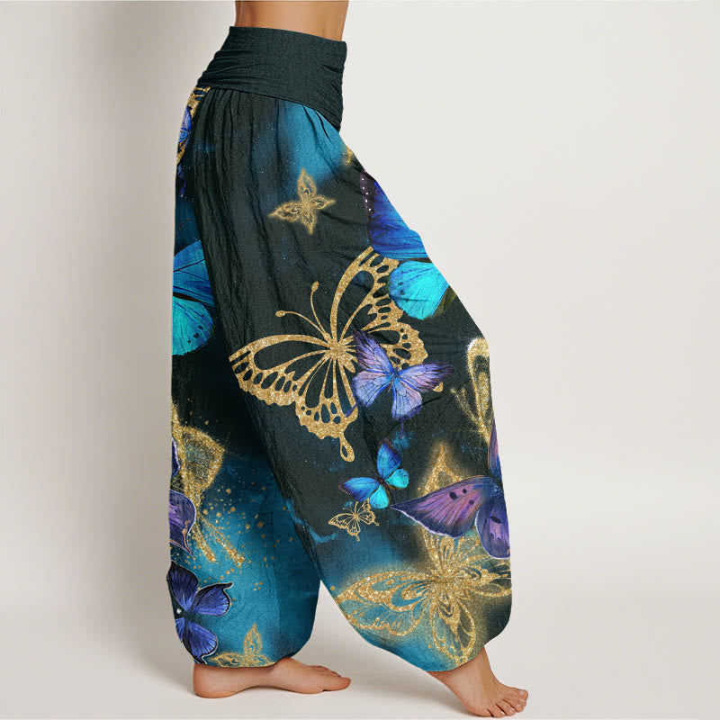 Pantaloni harem da donna con elastico in vita, motivo a farfalla in oro, in cotone casual con Buddha Stones - image 1