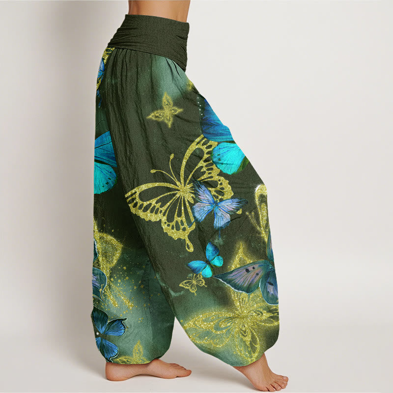 Pantaloni harem da donna con elastico in vita, motivo a farfalla in oro, in cotone casual con Buddha Stones - image 5