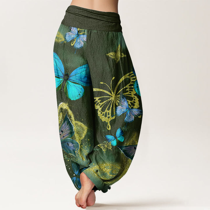 Pantaloni harem da donna con elastico in vita e motivo a farfalla in oro con Buddha Stones - image 7