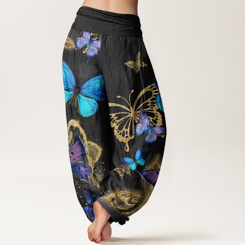 Pantaloni harem da donna con elastico in vita e motivo a farfalla in oro con Buddha Stones - image 10