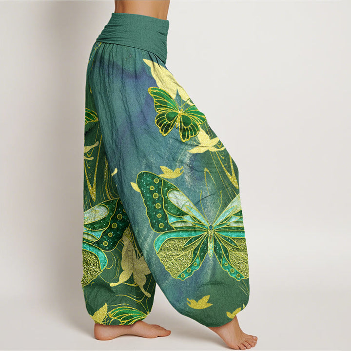 Pantaloni harem da donna con elastico in vita, motivo a farfalla e linee dorate, in cotone, casual, con Buddha Stones - image 5