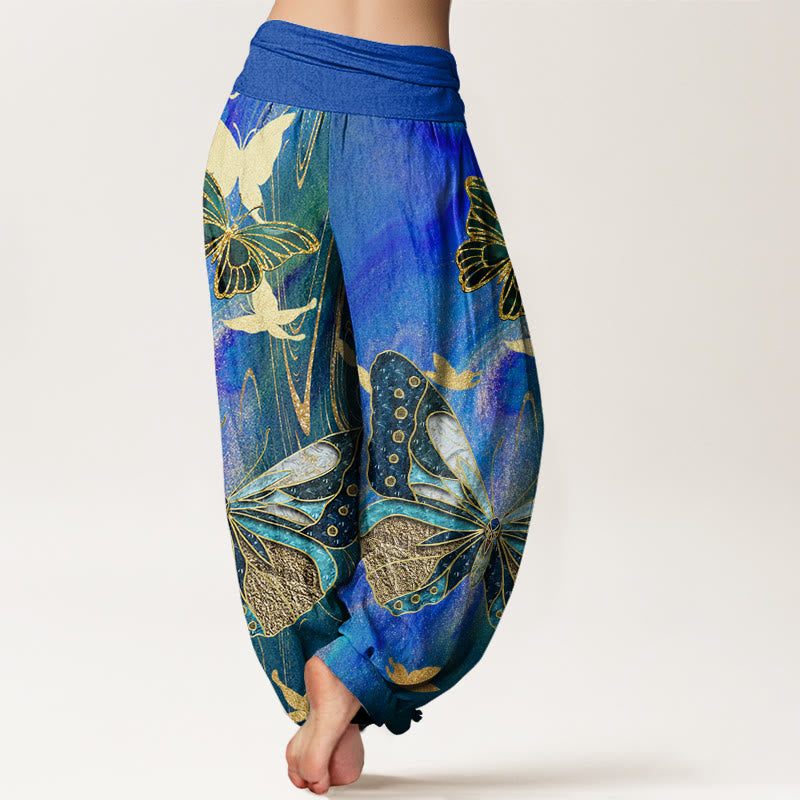 Pantaloni harem da donna con elastico in vita, motivo a farfalla e linee dorate, in cotone, casual, con Buddha Stones - image 9