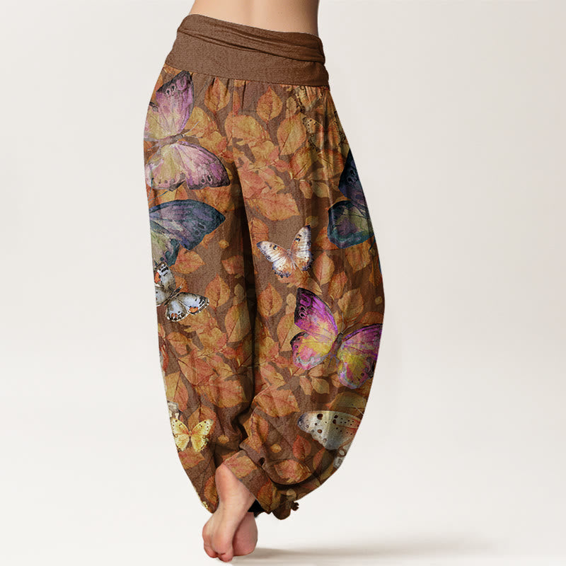 Pantaloni harem da donna con elastico in vita, modello Buddha Stones Casual, motivo a farfalle vivaci e foglie morte - image 3
