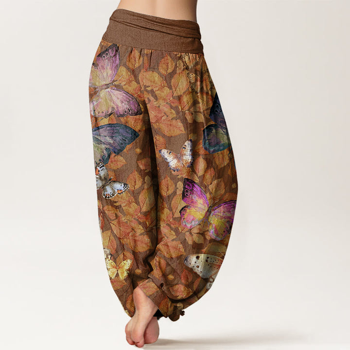 Pantaloni harem da donna con elastico in vita, modello Buddha Stones Casual, motivo a farfalle vivaci e foglie morte - image 3