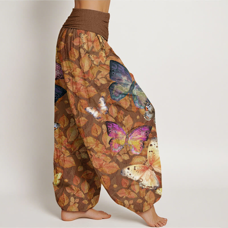 Pantaloni harem da donna con elastico in vita, modello Buddha Stones Casual, motivo a farfalle vivaci e foglie morte - image 2