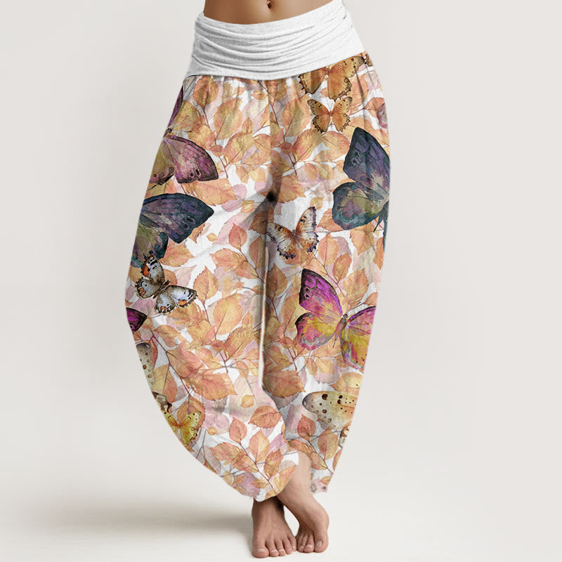Pantaloni harem da donna con elastico in vita, modello Buddha Stones Casual, motivo a farfalle vivaci e foglie morte - Bianco - US22, UK/AU26, EU54 (6XL) - image 5