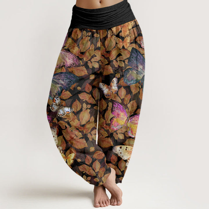 Pantaloni harem da donna con elastico in vita, modello Buddha Stones Casual, motivo a farfalle vivaci e foglie morte - Nero - US22, UK/AU26, EU54 (6XL) - image 8