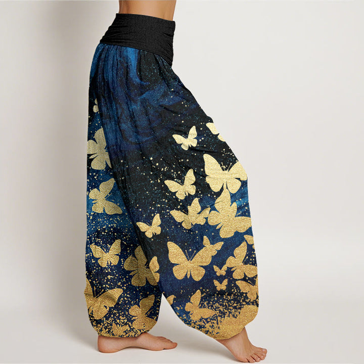 Pantaloni harem da donna con elastico in vita, motivo a farfalla dorata, in cotone casual Buddha Stones - image 1