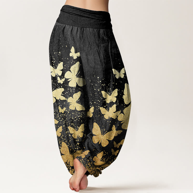 Pantaloni harem da donna con elastico in vita, motivo a farfalla dorata, in cotone casual Buddha Stones - image 9