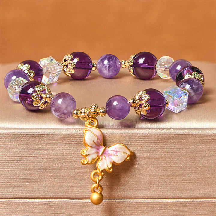 Braccialetto della pace con farfalla in pietra del sole in ametista naturale Buddha Stones