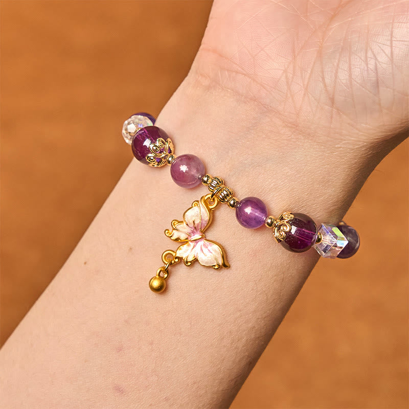 Braccialetto della pace con farfalla in pietra del sole in ametista naturale Buddha Stones