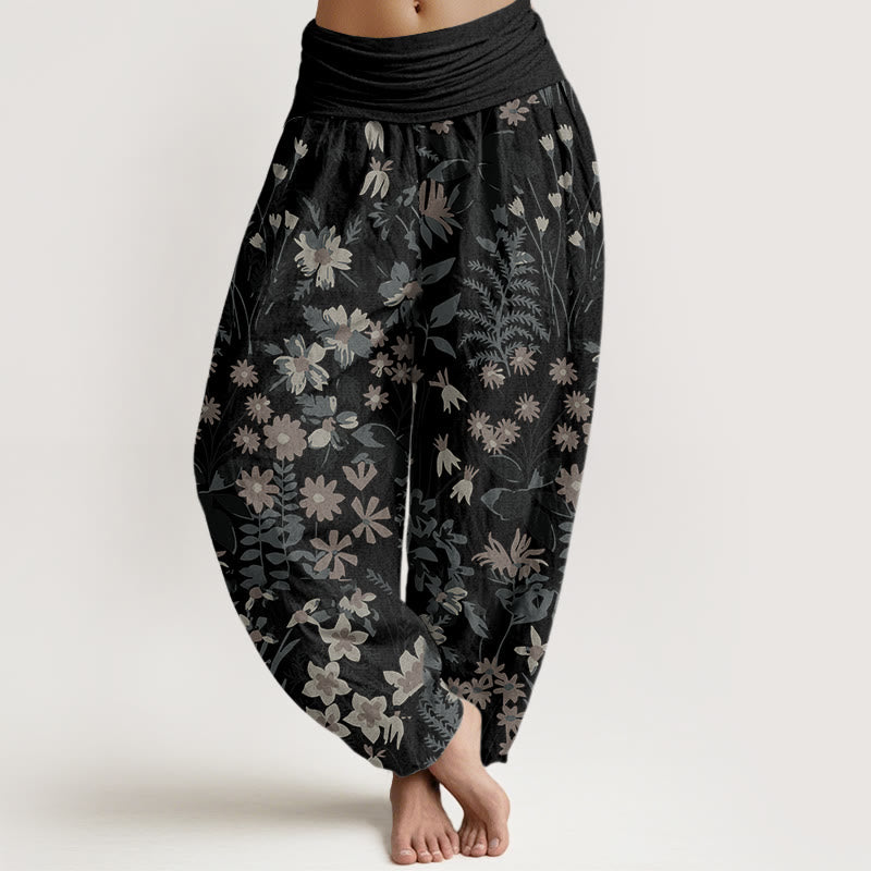 Pantaloni harem da donna con elastico in vita, in cotone, casual, con margherite, fiori e foglie, motivo Buddha Stones - Nero - US22, UK/AU26, EU54 (6XL) - image 4
