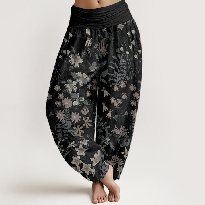Pantaloni harem da donna con elastico in vita, in cotone, casual, con margherite, fiori e foglie, motivo Buddha Stones - Nero - US22, UK/AU26, EU54 (6XL) - image 4