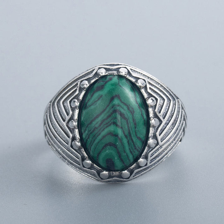 Anello della Calma con Perline di Malachite Ovali in Argento Sterling 925, Stile Vintage , Buddha Stones